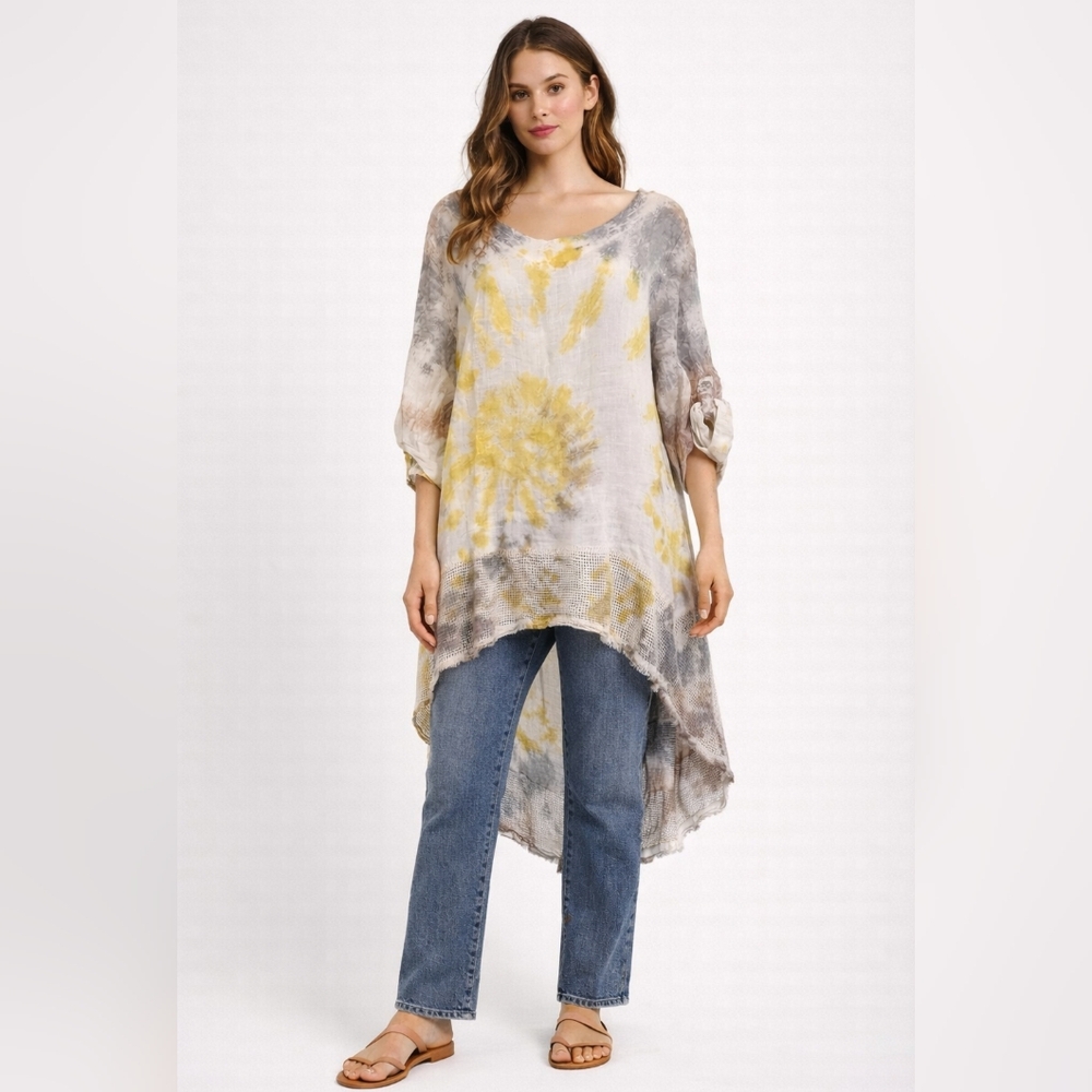 Belle France Boho Tie-Dye Linen Blend High-Low Dress Asymmetrical Hem | Sz M